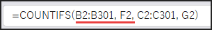 B2:B301, F2