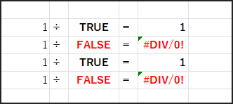 1/TRUE は 1、1/FALSE は #DIV/0! エラーになる