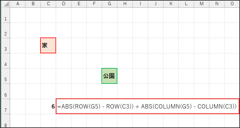 数式
=ABS(ROW(G5) - ROW(C3)) + ABS(COLUMN(G5) - COLUMN(C3))