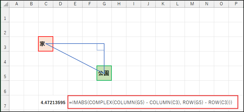 数式
=IMABS(COMPLEX(COLUMN(G5) - COLUMN(C3), ROW(G5) - ROW(C3)))
