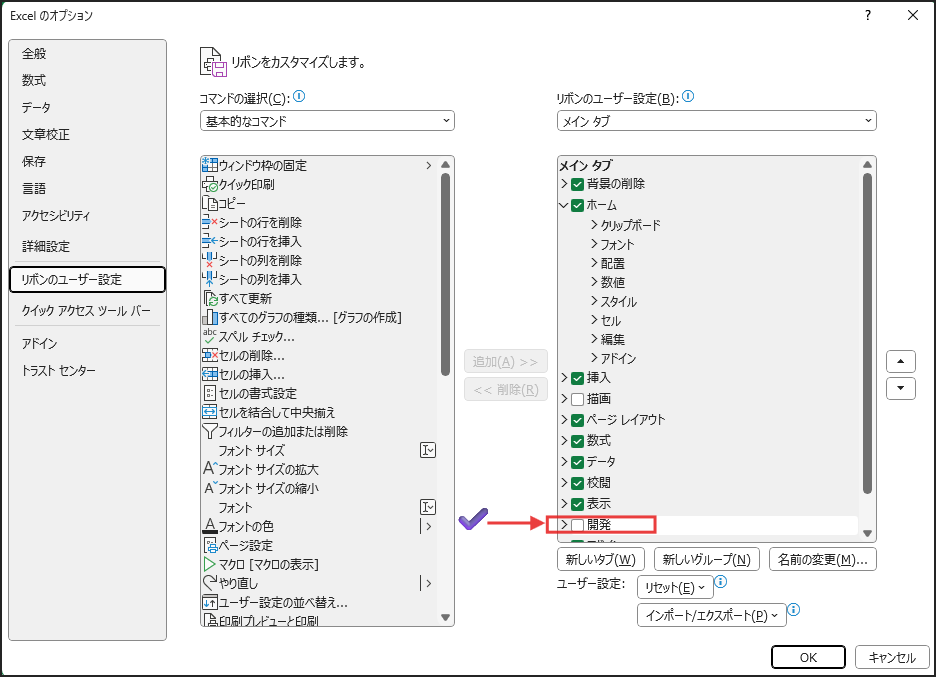 「開発」という項目があるので、そのチェックボックスにチェック