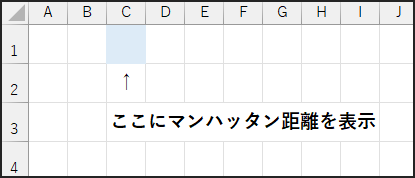 「今回のマンハッタン距離(m)」を、Sheet1のC1セルに表示