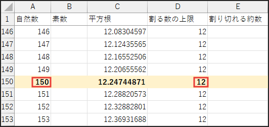 A列の数値が、2からD列の数(平方根の整数部分)までのいずれかで割り切れるかどうかをチェック