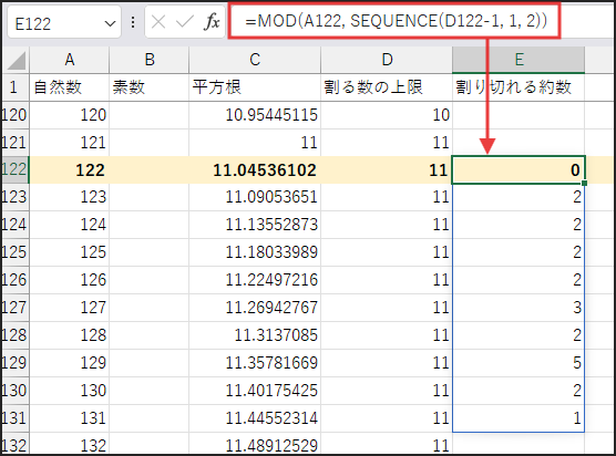 MOD(A2, ...) で、A2を割る数のリストの各数値で割った余り