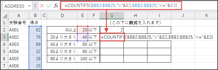 数式
=COUNTIFS($B$2:$B$25,">"&E2,$B$2:$B$25,"<="&E3)