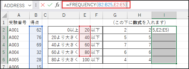 数式
=FREQUENCY(B2:B25,E2:E5)