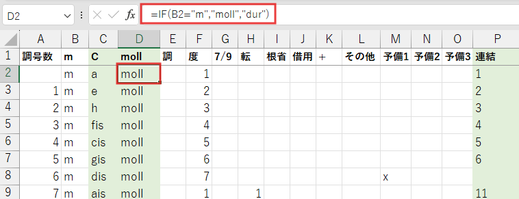 数式
=IF(B2="m","moll","dur")