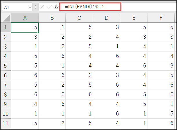 数式
=INT(RAND()*6)+1
