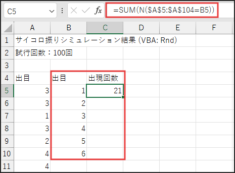 数式
=SUM(N($A$5:$A$104=B5))